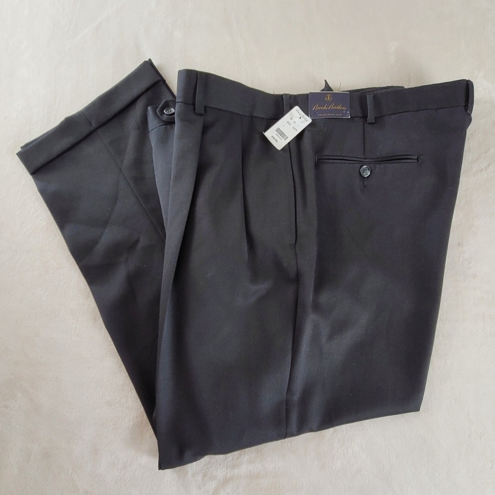 New Brooks Brothers Dress Pants Mens 42W 30L Black Pleated Cuffed 100% Wool